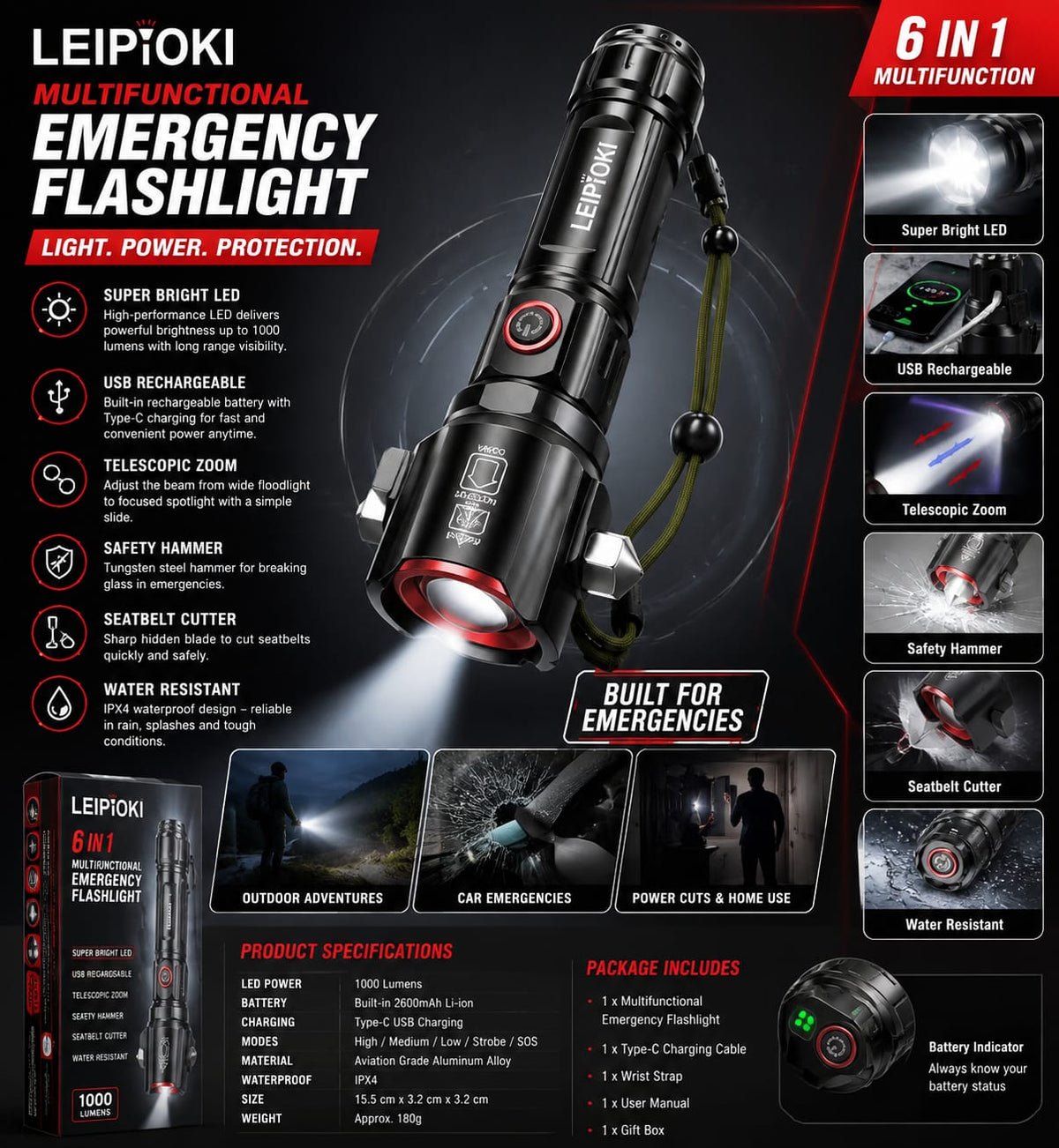 Multi-Functional 1KM Long Range Led Emergency Flashlight
