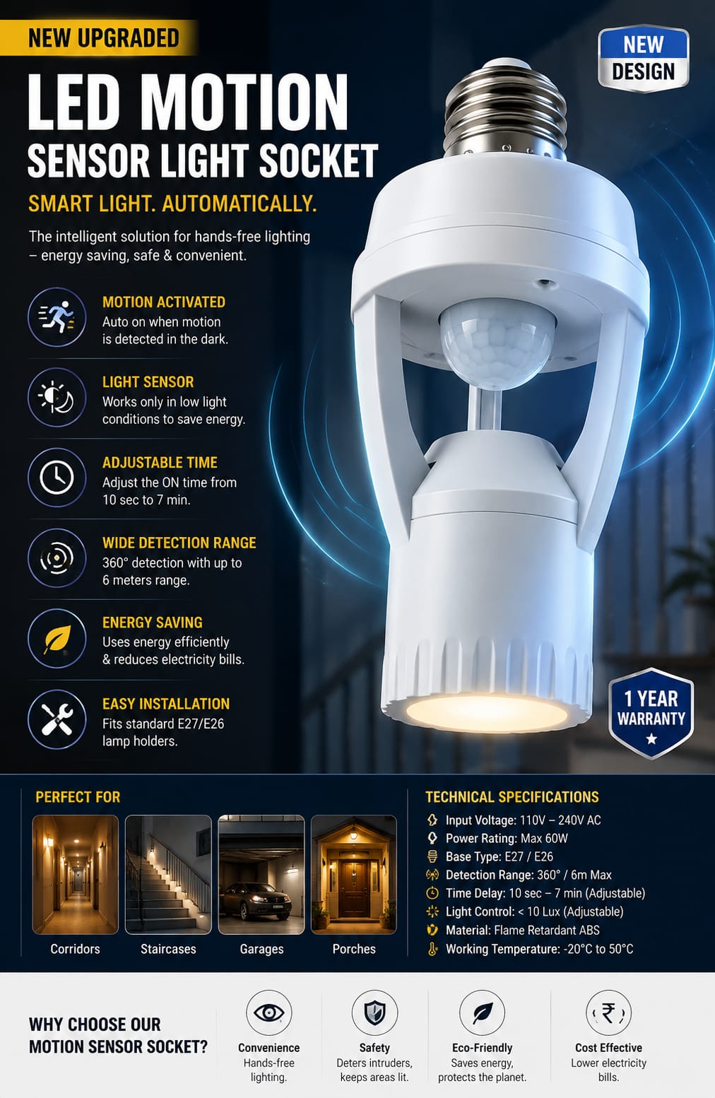 Motion Sensor LED Bulb Holder Auto On/Off Light Control Sensor